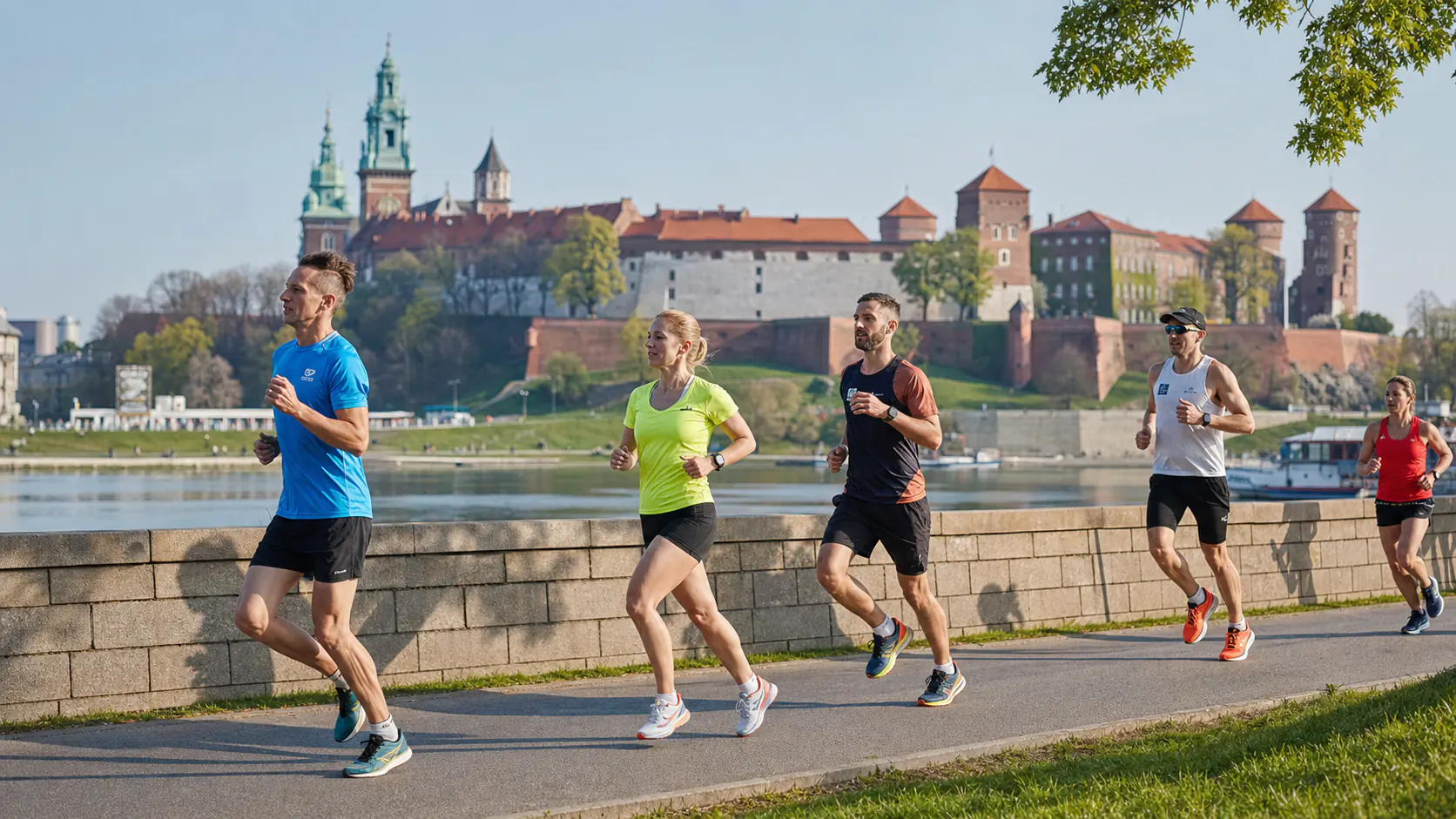 Five runners in bright athletic wear jog along a riverside path with a brick fortress and towers in the background.
