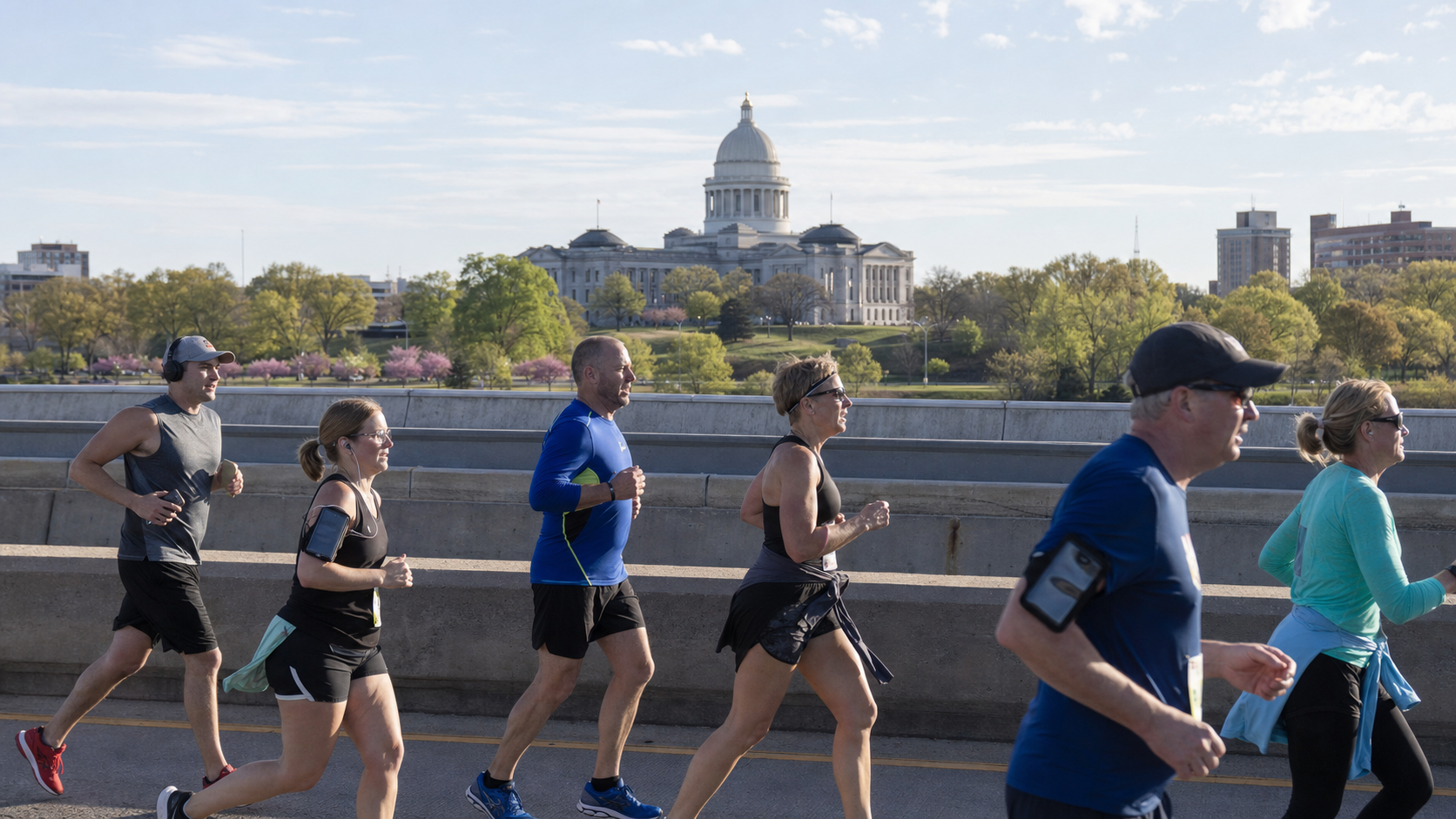 Little Rock Marathon | What Race To Run Group of runners jogging on a bridge with a domed capitol building and trees in the background, on a clear day.”