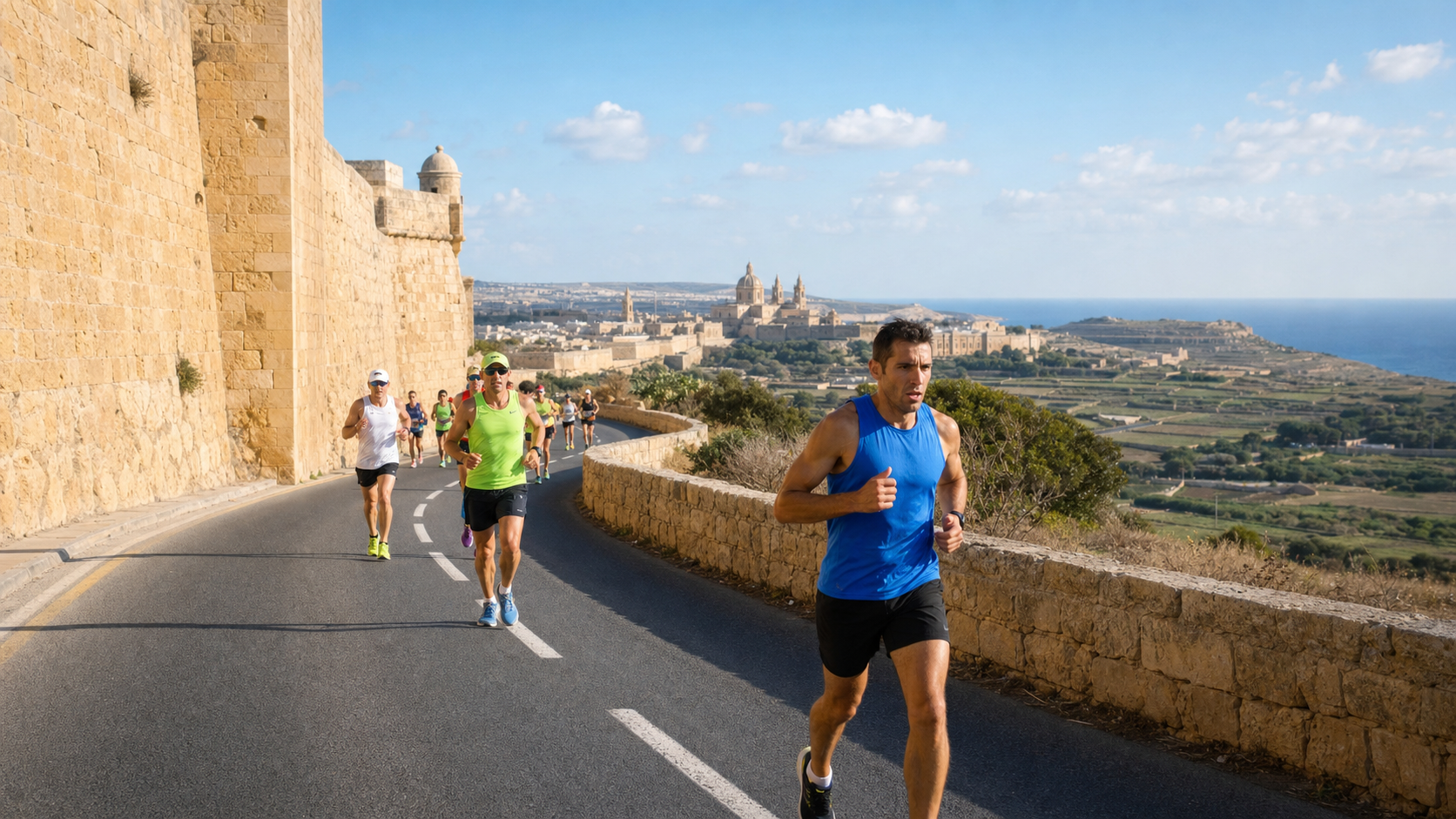 Malta Marathon | What Race To Run Runners in a road race along a historic stone fortification with a coastal town and the sea in the distance.
