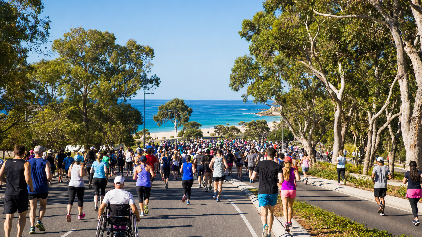 Large crowd of runners on a coastal road heading toward the beach and blue ocean.