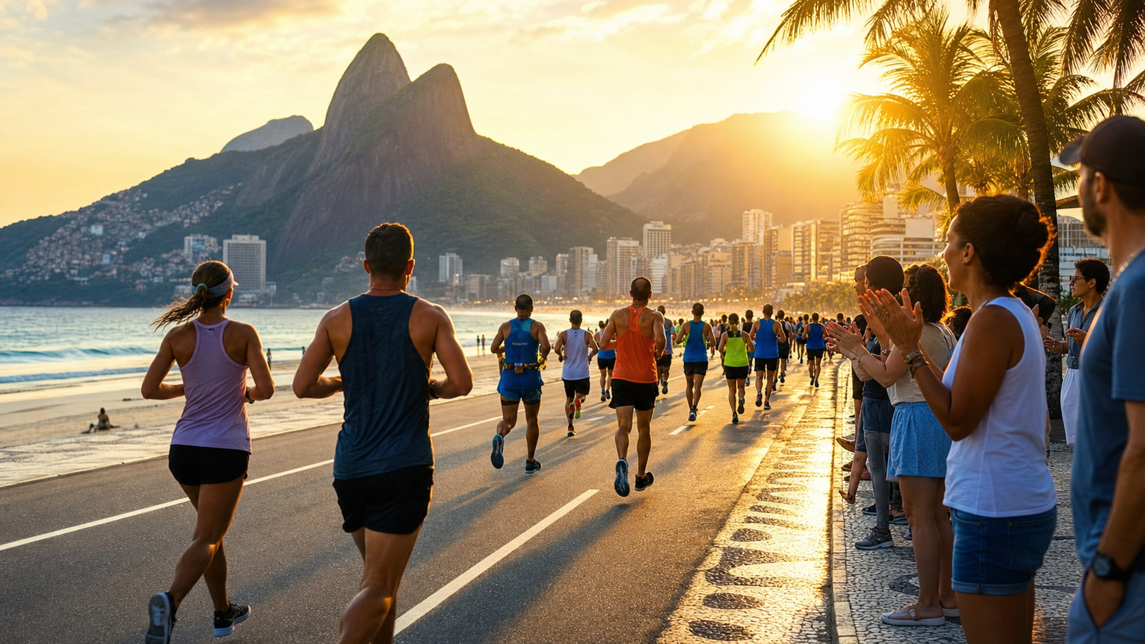 Runners participate in a beachside race along a sunset-lit promenade as spectators cheer from the sunny curbside edge with palm trees and city buildings in the background.