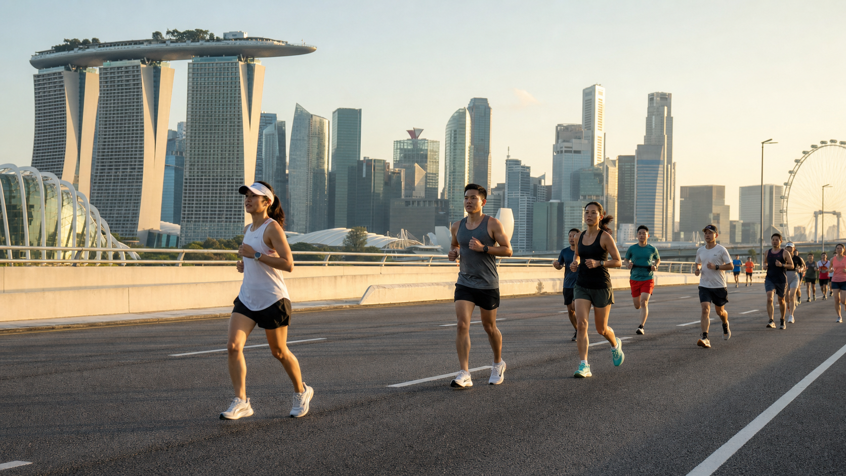 Group of runners jogging on a wide road with Singapore skyscrapers in the background, including the Marina Bay Sands and a large Ferris wheel at sunrise/sunset.