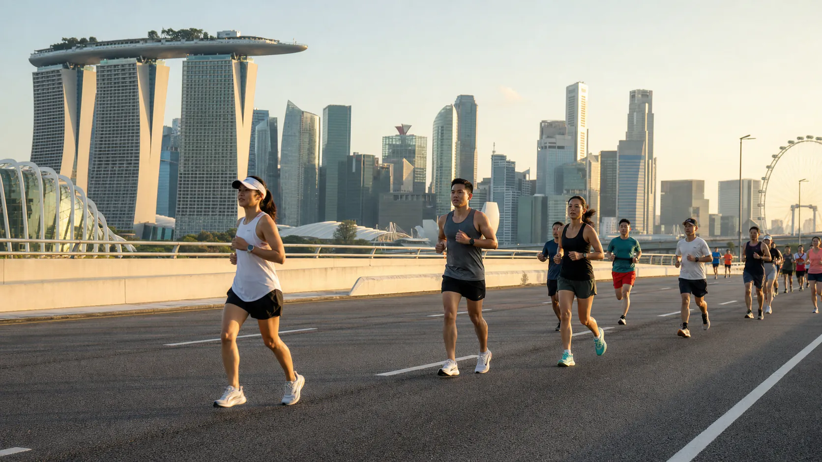 Group of runners jogging on a wide road with Singapore skyscrapers in the background, including the Marina Bay Sands and a large Ferris wheel at sunrise/sunset.