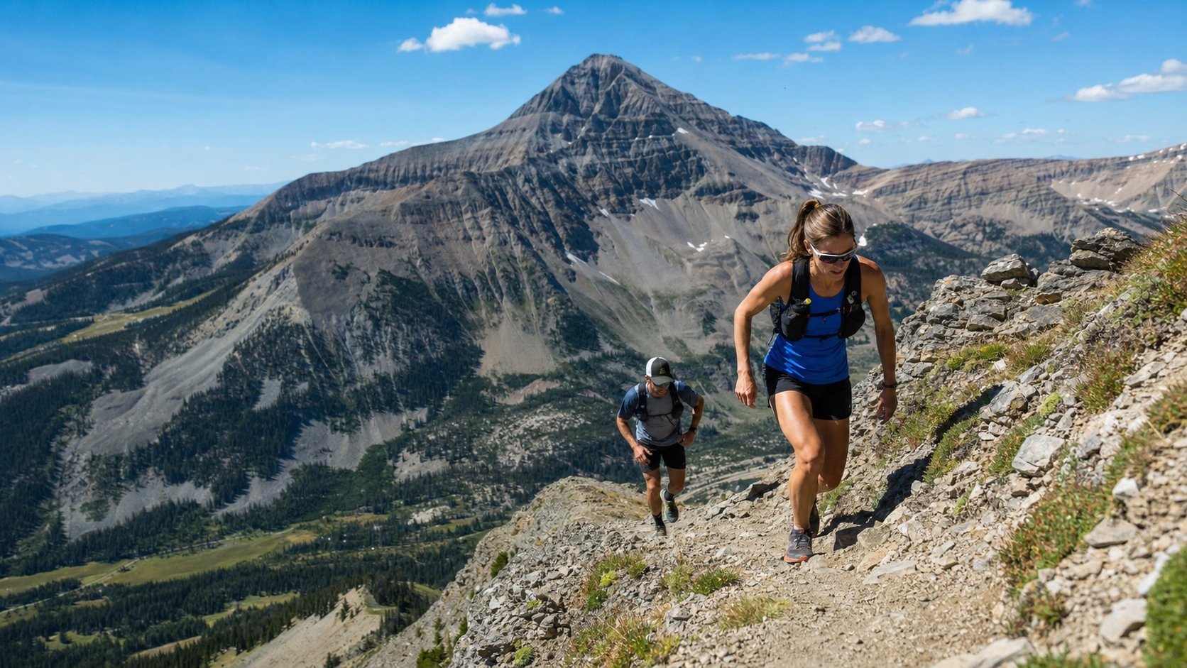Two hikers ascend a rocky alpine trail with a distant mountain peak under a blue sky aferal landscape.