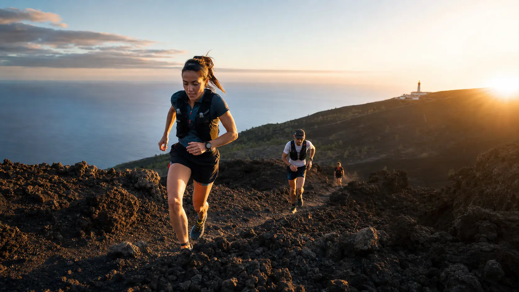 Runners ascending a rugged volcanic trail along a coastal cliff at sunset, with a lighthouse in the distance over the hills.