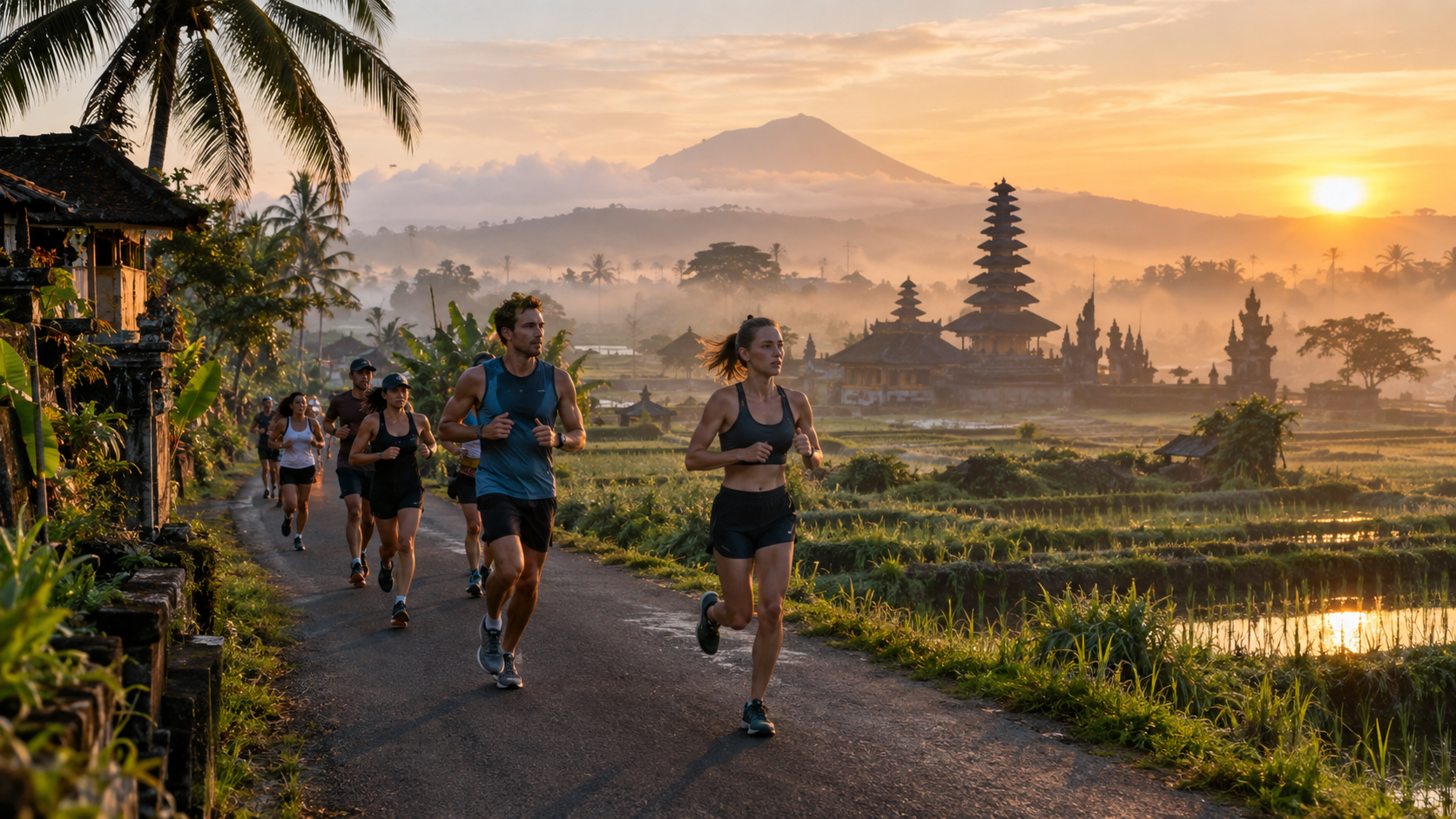 maybank-marathon-bali | What Race To Run Runners jogging along a rural road at sunrise, with a temple complex and misty hills in the distance.