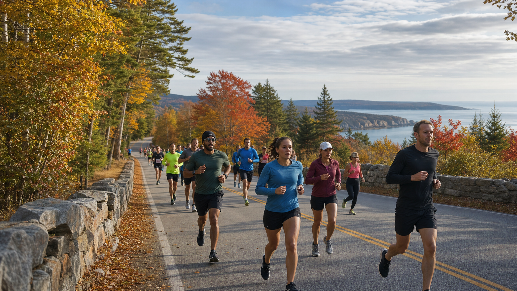 Mount Desert Island Marathon | What Race To Run Group of runners jogging on a tree-lined coastal road in autumn colors, with a stone wall on the side and blue water in the distance.